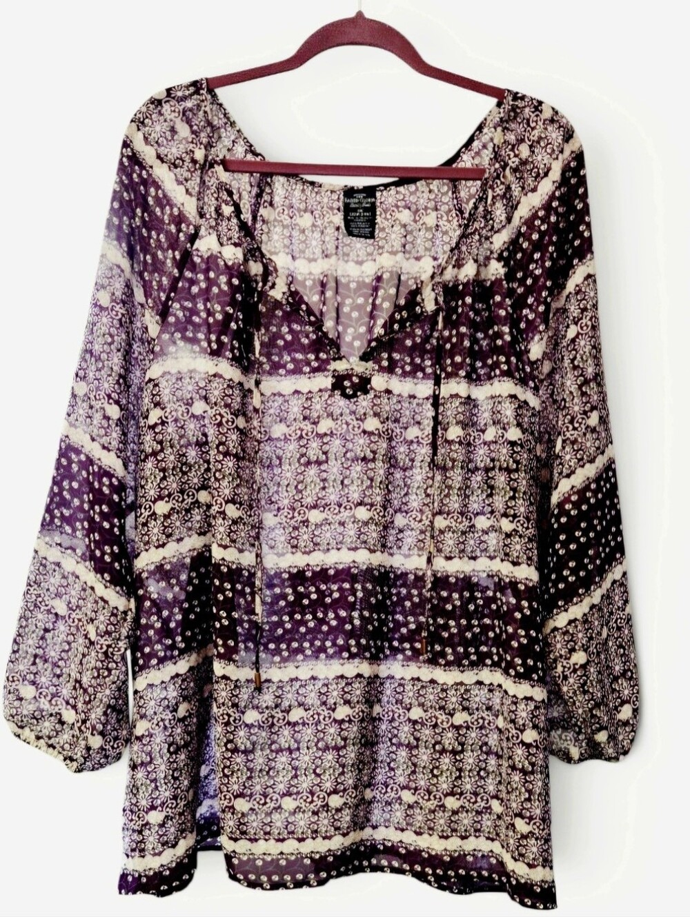 Faded Glory sheer purple floral peasant tunic with a Tie Neck 3X(22W-24)